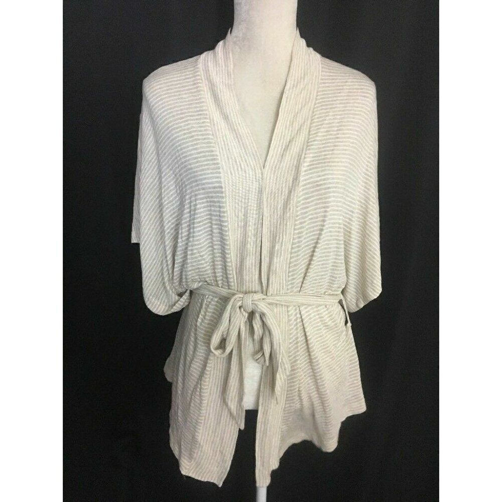 Splendid Womens White Beige Striped Short Sleeve Kimono Wrap Cardigan Top Xs